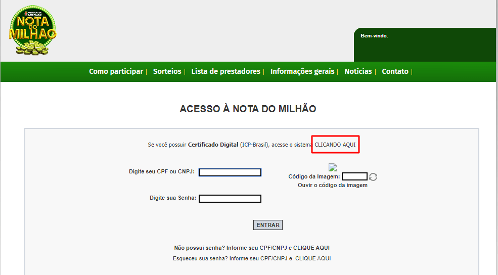 Imagem do sistema para emissão de notas fiscais em São Paulo, Nota do Milhão 