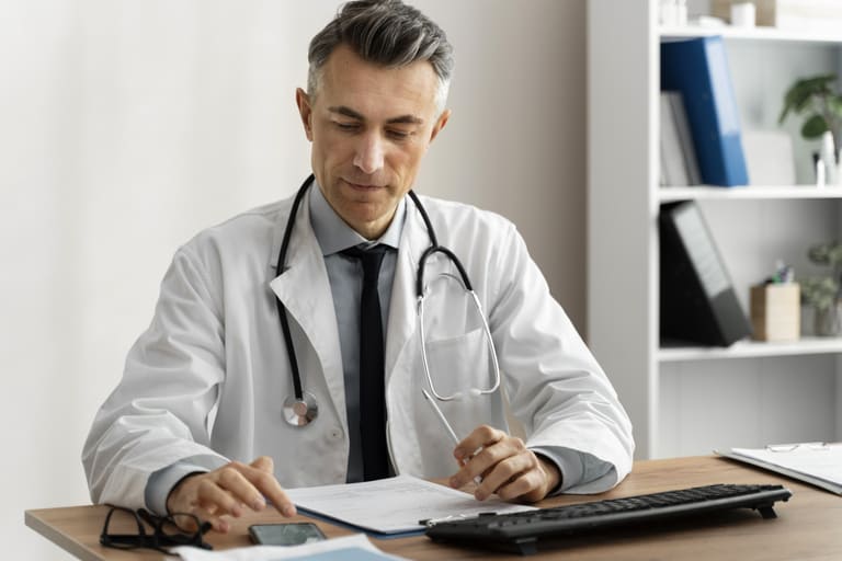 Médico utilizando software de BPO financeiro em sua clínica