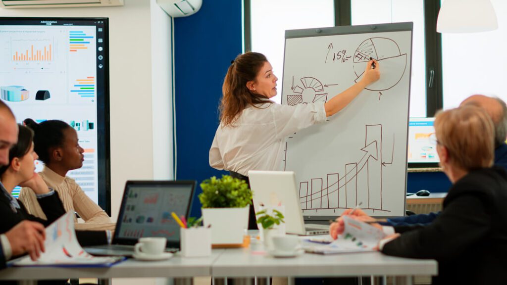 Reunião de negócios para gestão de metas, mulher escrevendo em quadro branco.